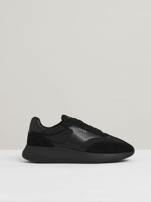 Reiss Best Seller - Leather Suede Running Trainers in All Black