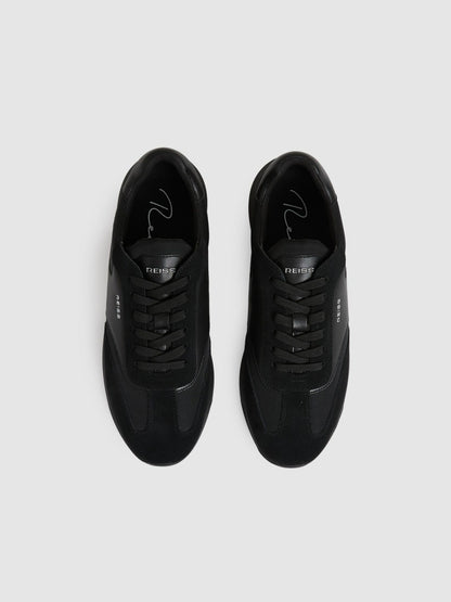 Reiss Best Seller - Leather Suede Running Trainers in All Black