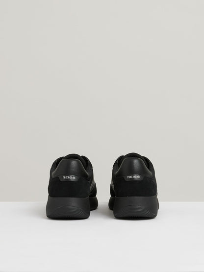 Reiss Best Seller - Leather Suede Running Trainers in All Black
