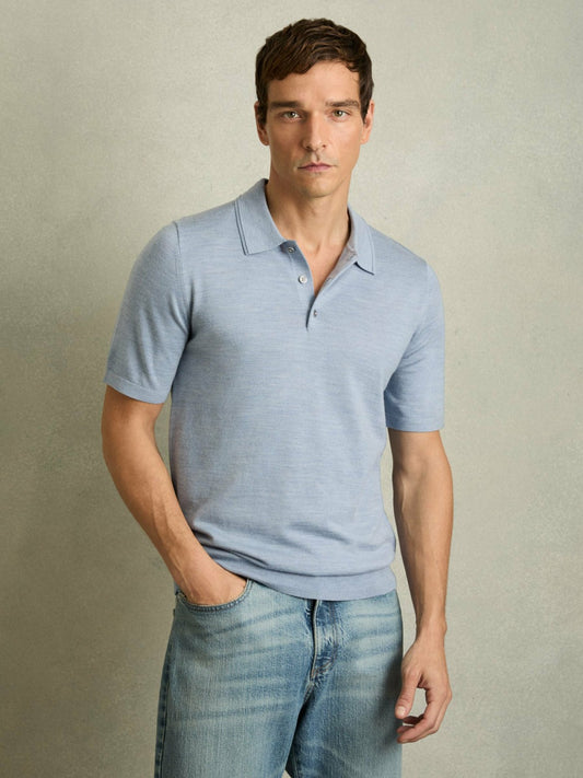 Reiss Sale - Merino Wool Polo Shirt in Soft Blue