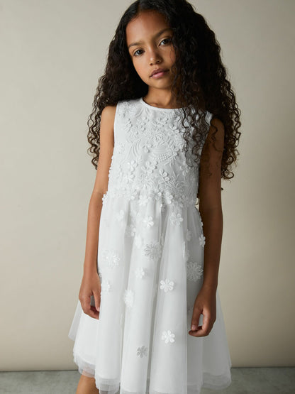Reiss Best Seller - 9-13 yrs Tulle Floral-Embroidered Bridesmaid Dress in Ivory