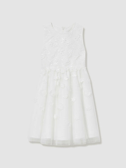 Reiss Best Seller - 9-13 yrs Tulle Floral-Embroidered Bridesmaid Dress in Ivory
