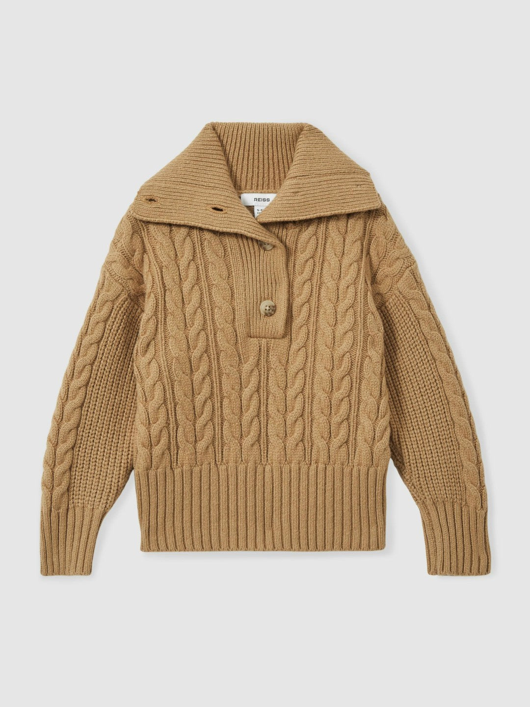 Reiss 13-14 yrs Cotton-Blend Open-Collar Cable-Knit Jumper With Wool in Camel