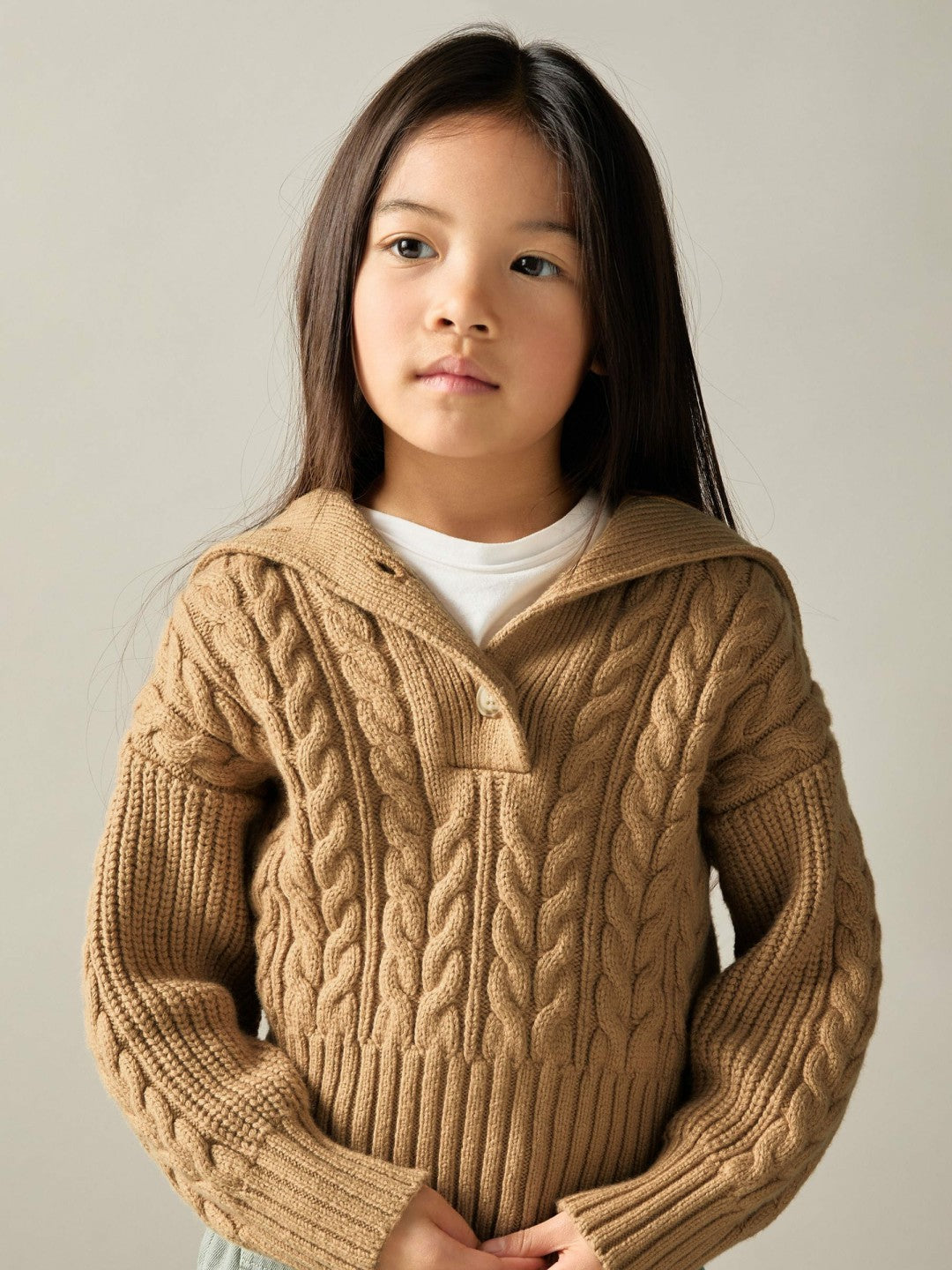 Reiss 13-14 yrs Cotton-Blend Open-Collar Cable-Knit Jumper With Wool in Camel