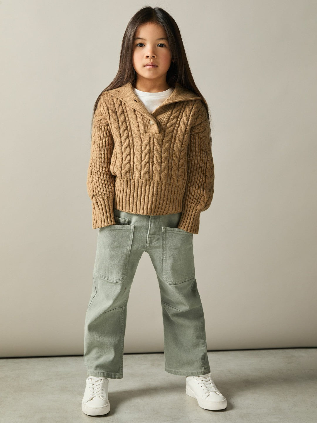 Reiss 13-14 yrs Cotton-Blend Open-Collar Cable-Knit Jumper With Wool in Camel