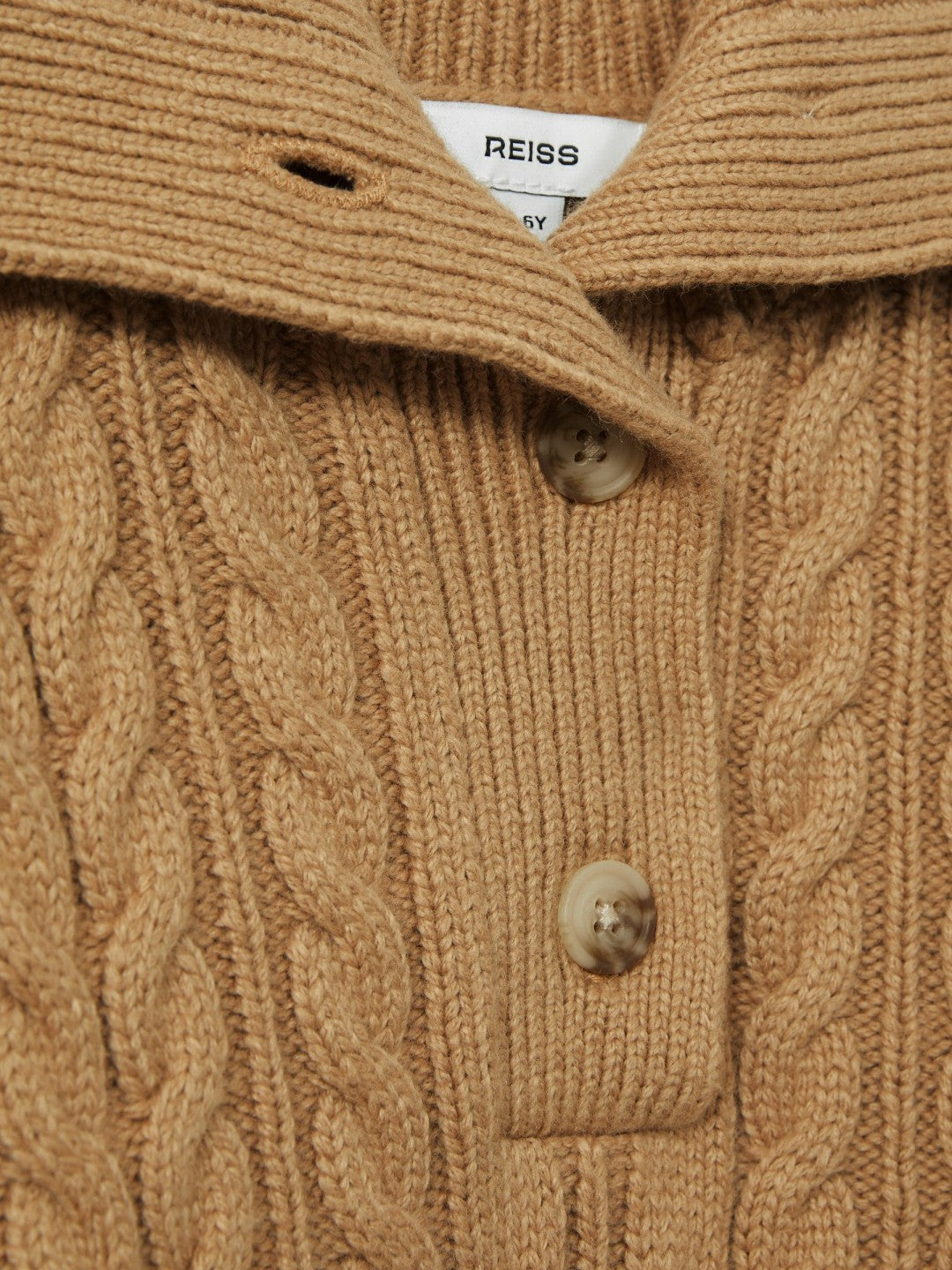 Reiss 13-14 yrs Cotton-Blend Open-Collar Cable-Knit Jumper With Wool in Camel