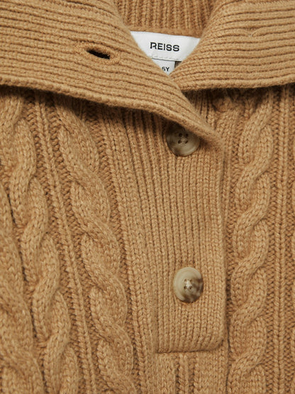 Reiss 13-14 yrs Cotton-Blend Open-Collar Cable-Knit Jumper With Wool in Camel