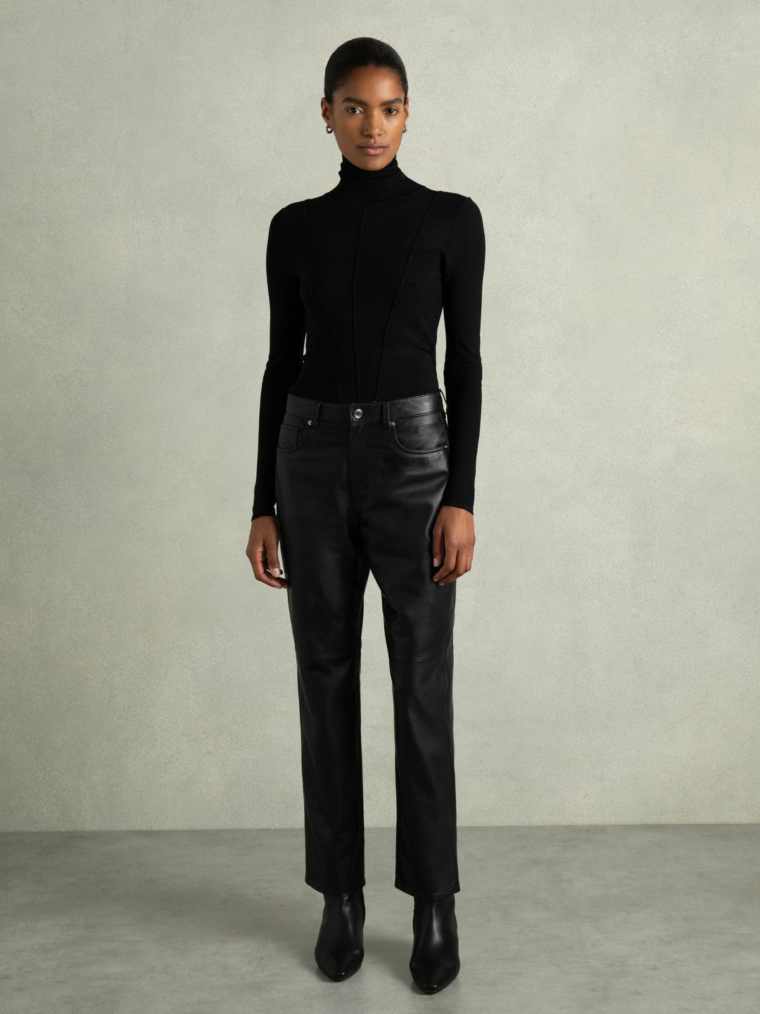 Reiss Deal - Leather Slim-Leg Trousers in Black