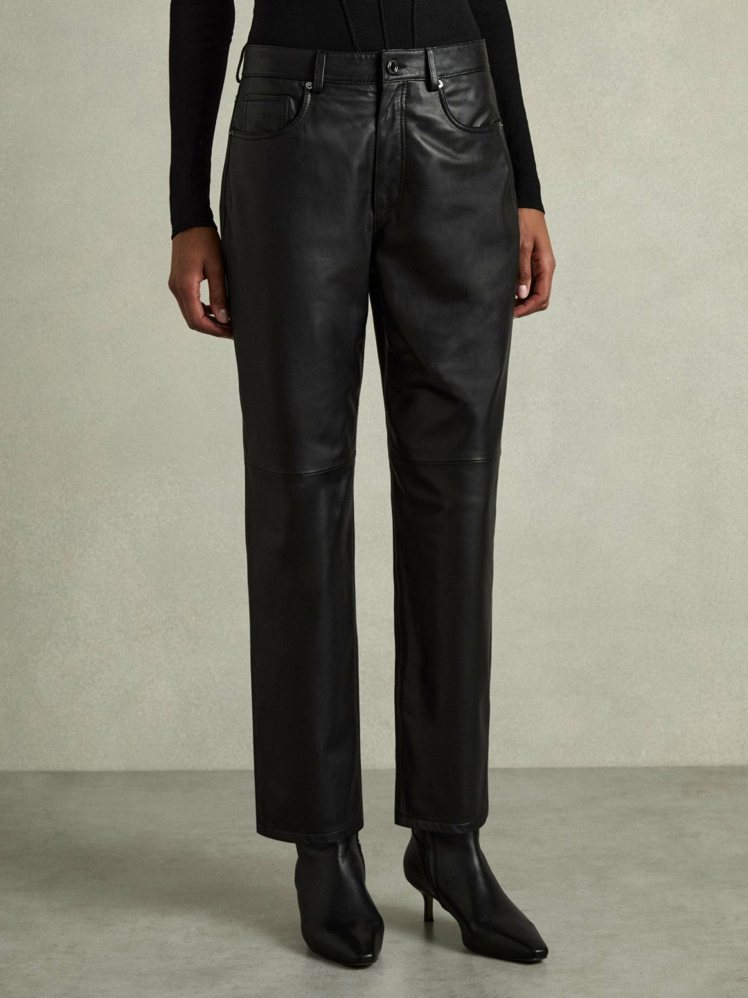 Reiss Deal - Leather Slim-Leg Trousers in Black