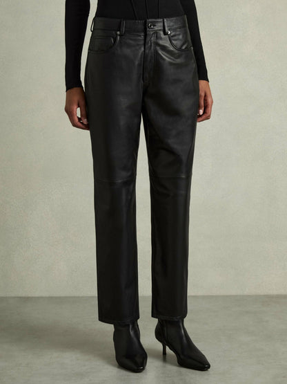 Reiss Deal - Leather Slim-Leg Trousers in Black
