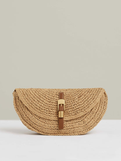 Reiss Best Seller - Raffia Half-Moon Clutch Bag in Natural