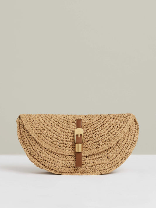 Reiss Best Seller - Raffia Half-Moon Clutch Bag in Natural