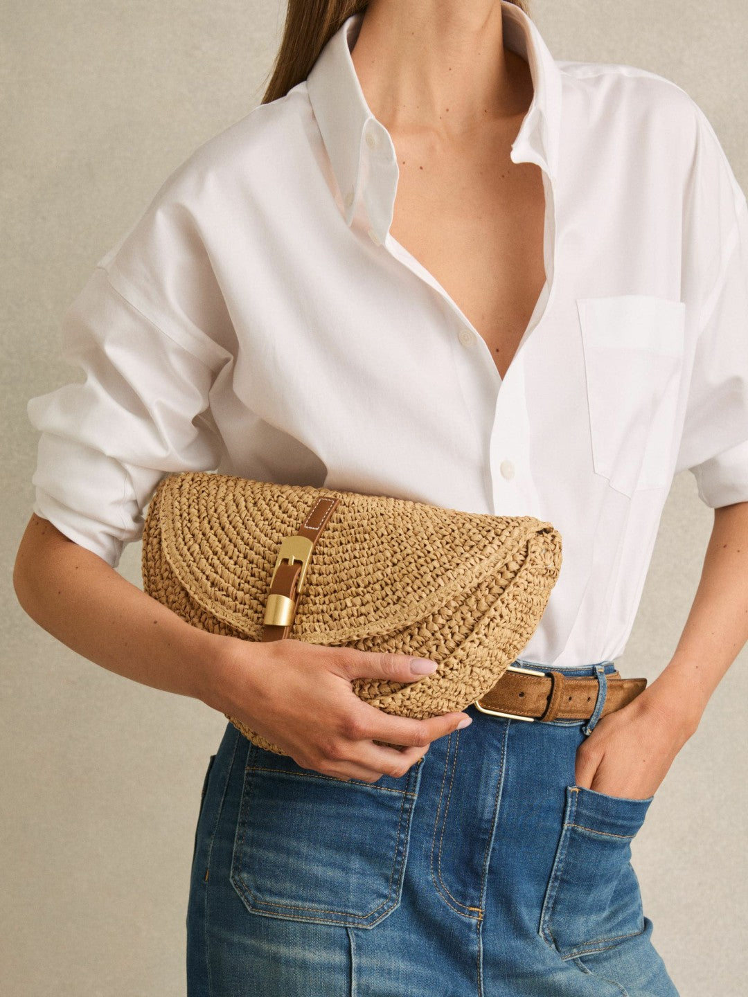 Reiss Best Seller - Raffia Half-Moon Clutch Bag in Natural
