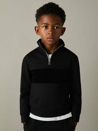 Reiss 3-9 yrs Slim Fit Half-Zip Funnel Neck Velour Sweatshirt in Black