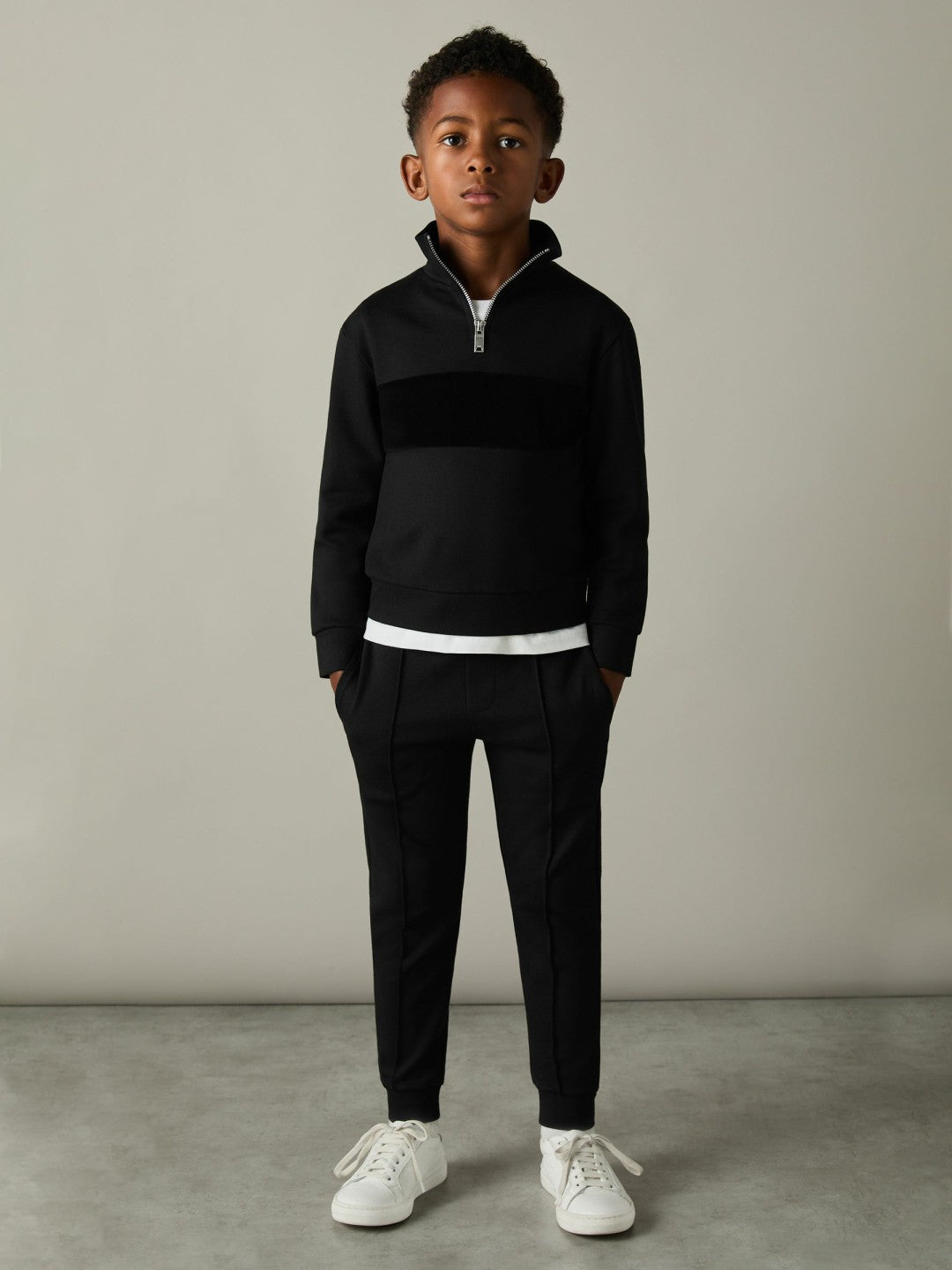 Reiss 3-9 yrs Slim Fit Half-Zip Funnel Neck Velour Sweatshirt in Black