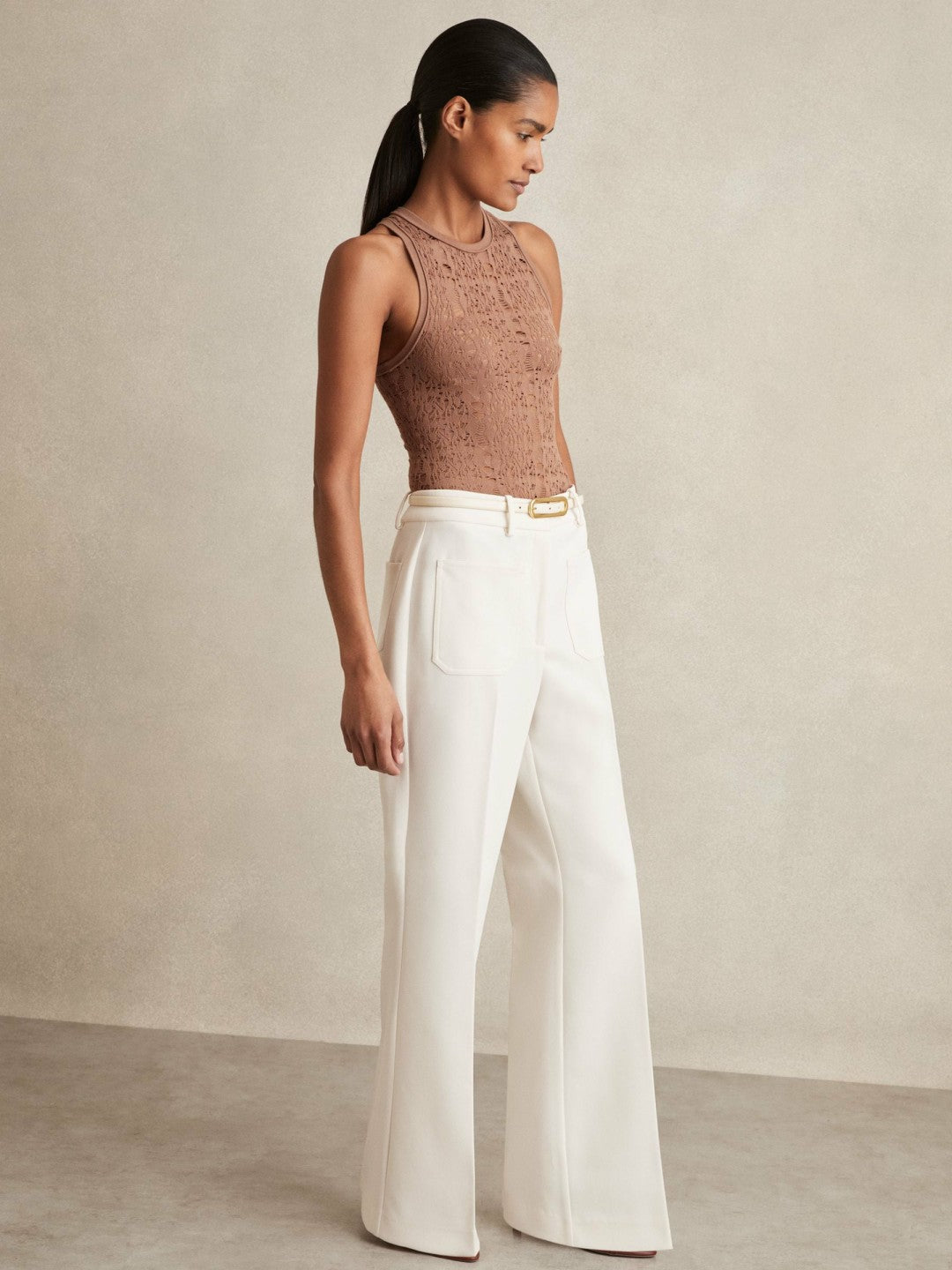 Reiss Twill Patch-Pocket Flared Trousers in Cream