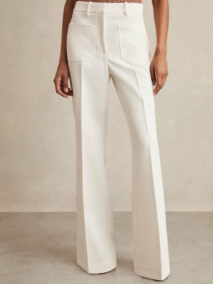 Reiss Twill Patch-Pocket Flared Trousers in Cream
