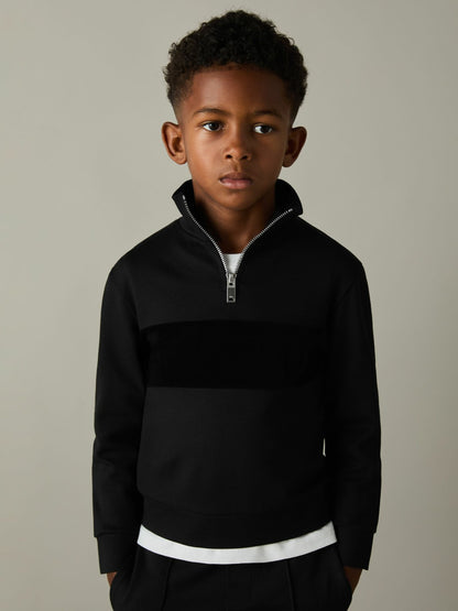 Reiss Sale - 9-13 yrs Slim Fit Half-Zip Funnel Neck Velour Sweatshirt in Black