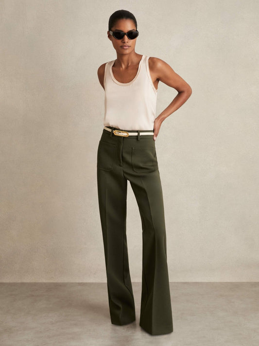 Reiss Twill Patch-Pocket Flared Trousers in Green