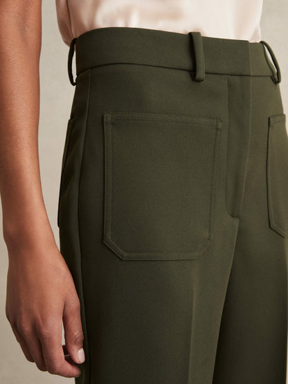 Reiss Twill Patch-Pocket Flared Trousers in Green