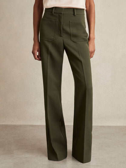 Reiss Twill Patch-Pocket Flared Trousers in Green