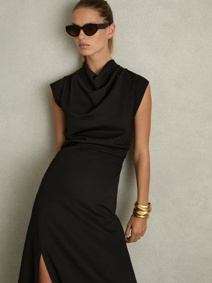 Reiss Twill-Jersey Draped Midi Dress in Black