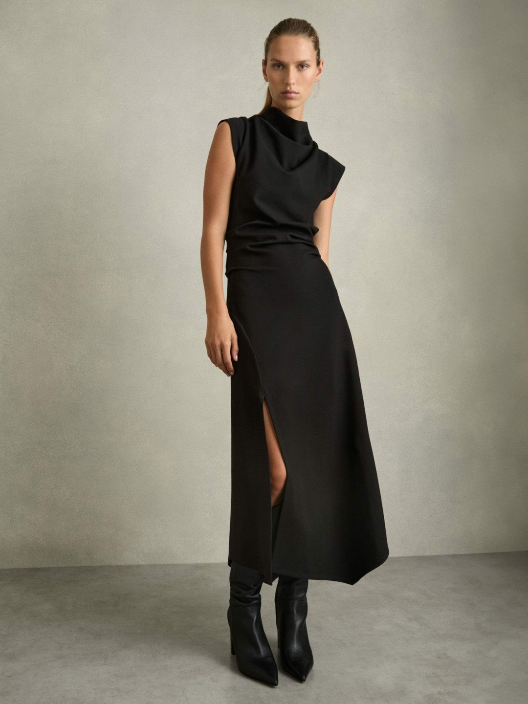 Reiss Twill-Jersey Draped Midi Dress in Black