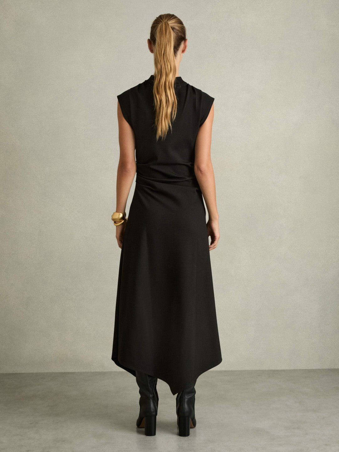 Reiss Twill-Jersey Draped Midi Dress in Black