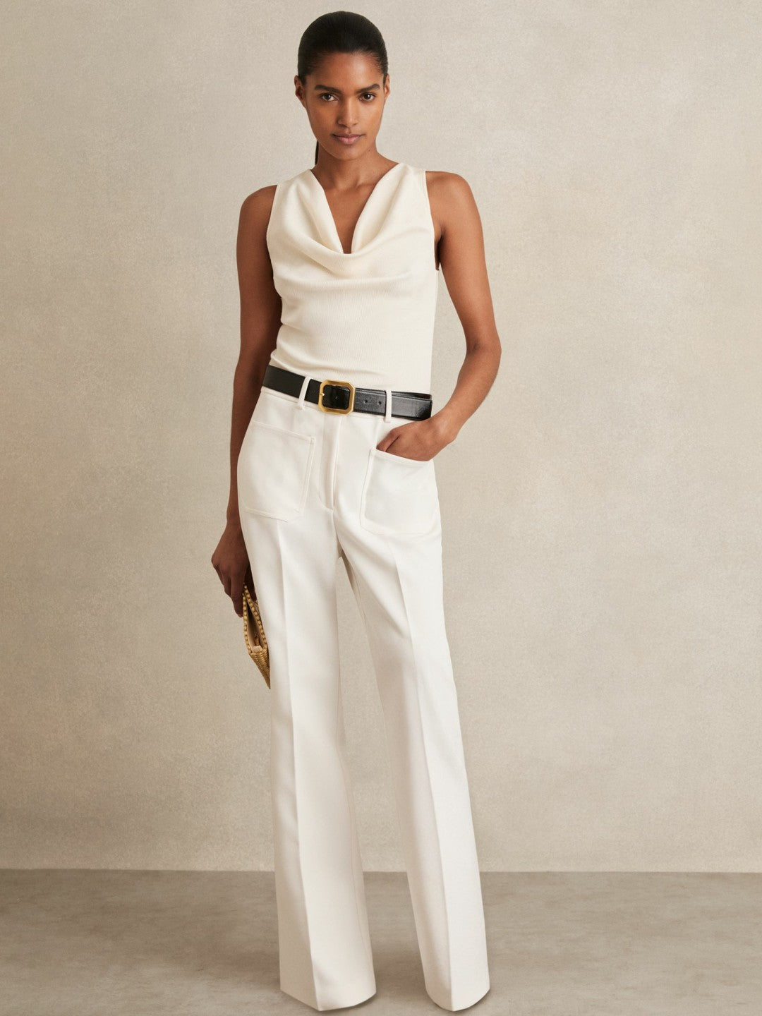 Reiss Savings - Petite Twill Patch-Pocket Flared Trousers in Cream