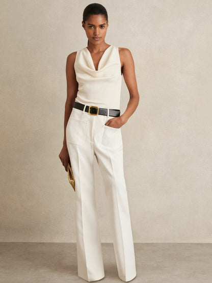 Reiss Savings - Petite Twill Patch-Pocket Flared Trousers in Cream