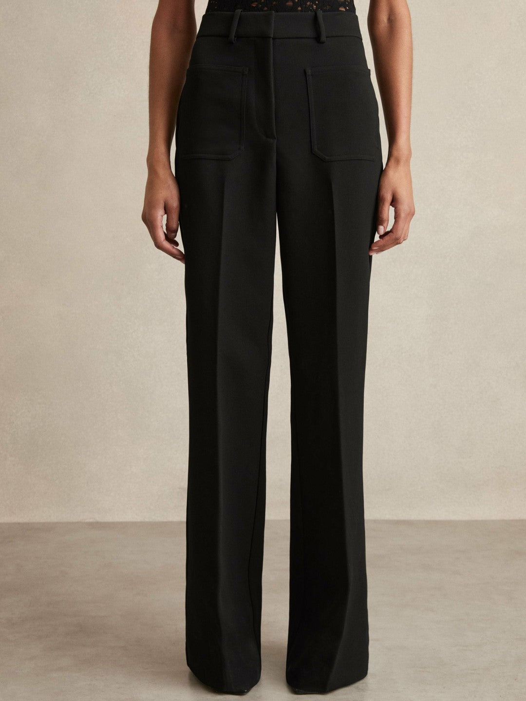 Reiss Twill Patch-Pocket Flared Trousers in Black