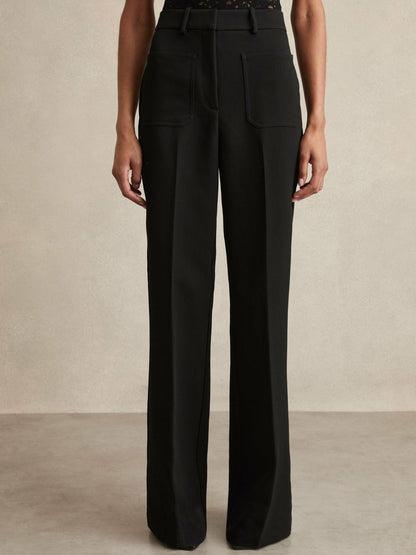 Reiss Twill Patch-Pocket Flared Trousers in Black