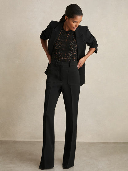 Reiss Twill Patch-Pocket Flared Trousers in Black