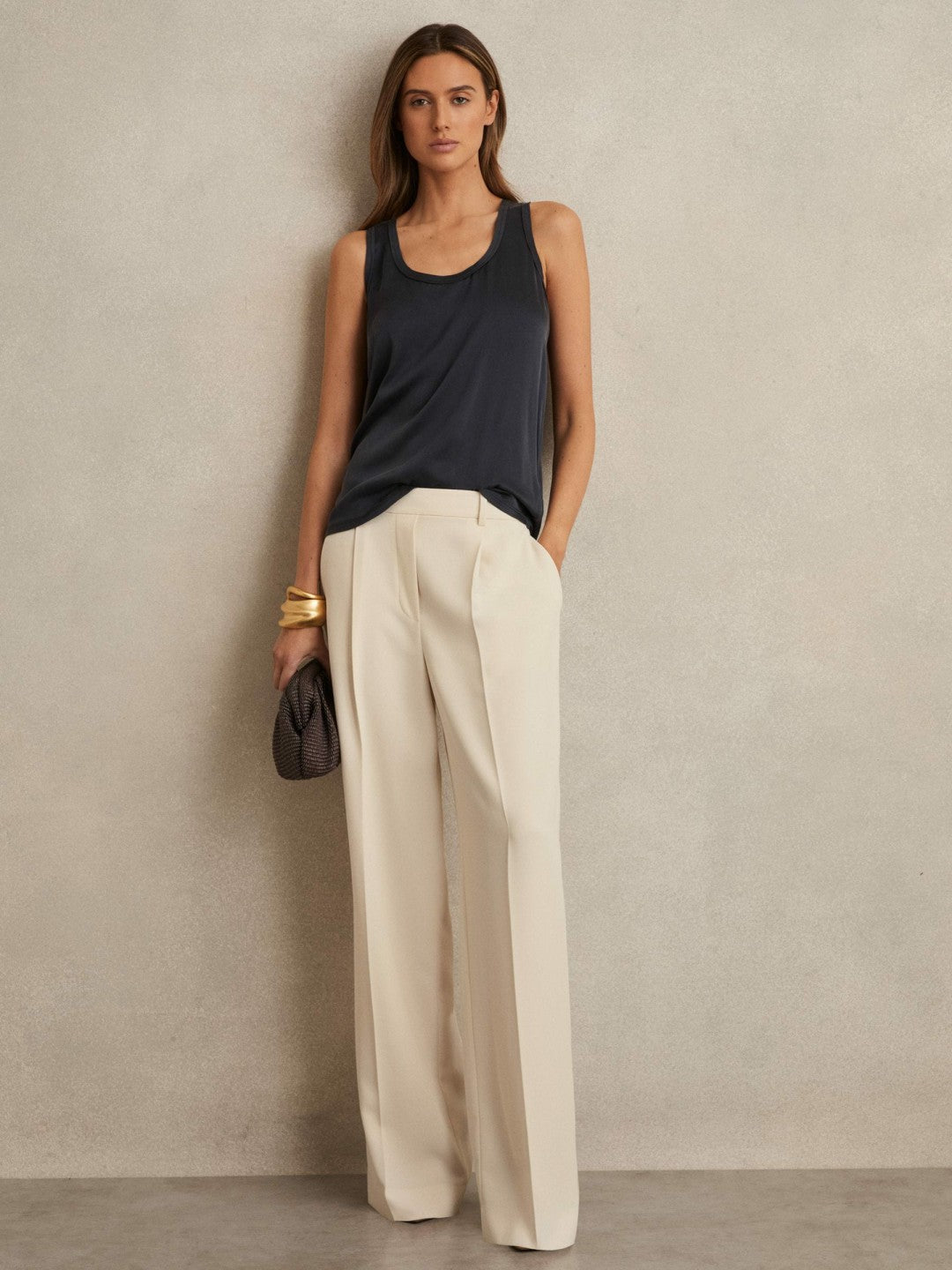 Reiss Elasticated-Waist Wide-Leg Twill Trousers in Cream