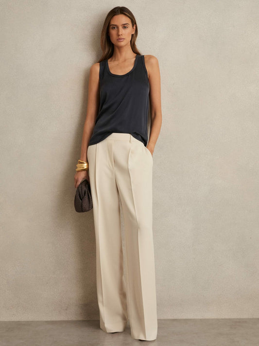 Reiss Featured - Elasticated-Waist Wide-Leg Twill Trousers in Cream