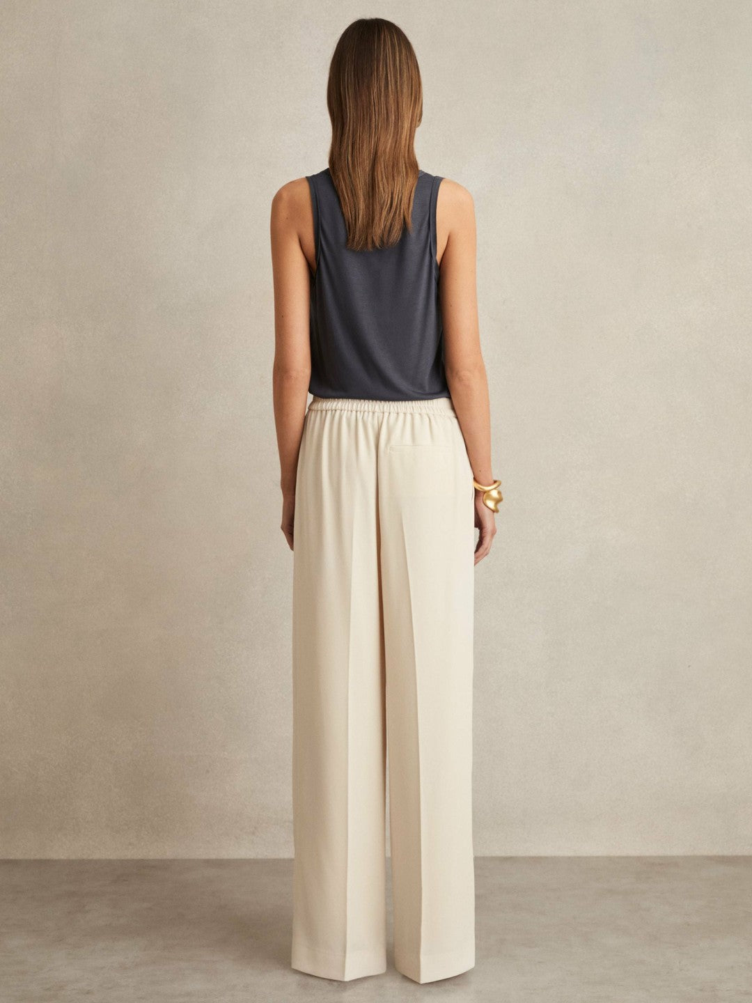 Reiss Elasticated-Waist Wide-Leg Twill Trousers in Cream