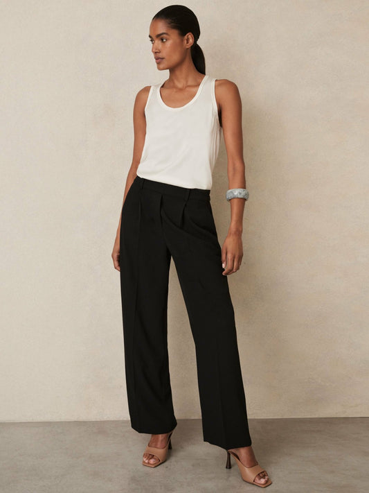 Reiss Sale - Elasticated-Waist Wide-Leg Twill Trousers in Black