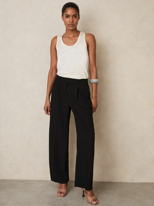 Reiss Petite Elasticated-Waist Wide-Leg Twill Trousers in Black