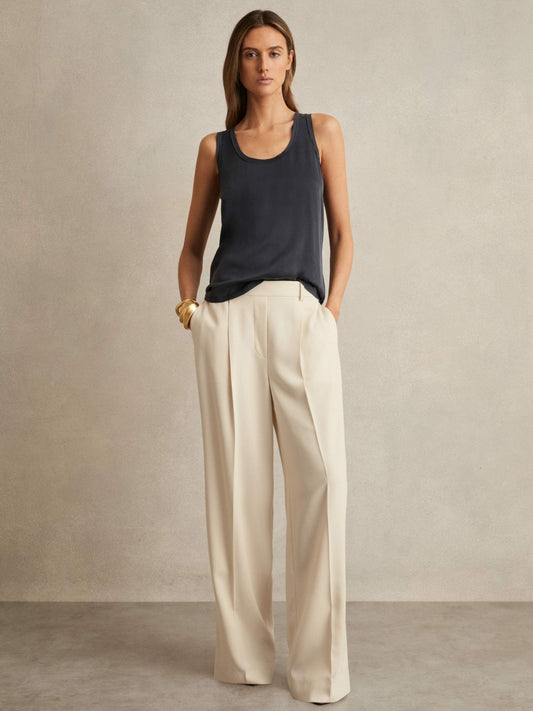 Reiss Petite Elasticated-Waist Wide-Leg Twill Trousers in Cream