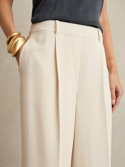 Reiss Petite Elasticated-Waist Wide-Leg Twill Trousers in Cream