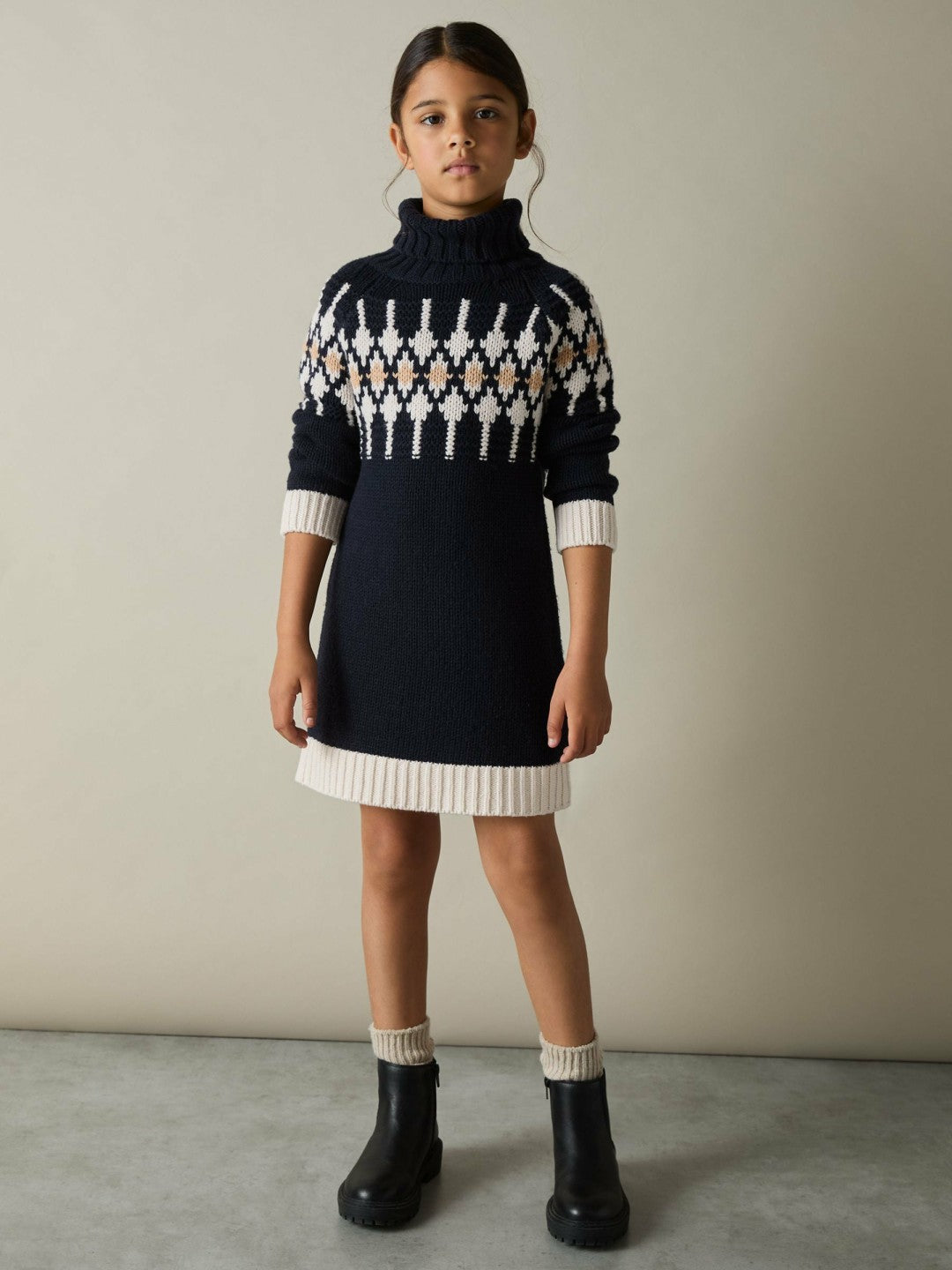 Reiss 9-13 yrs Wool-Blend Fair Isle Roll-Neck Dress in Navy