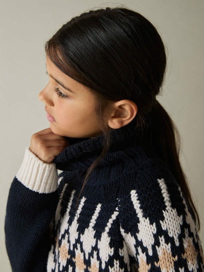 Reiss 9-13 yrs Wool-Blend Fair Isle Roll-Neck Dress in Navy