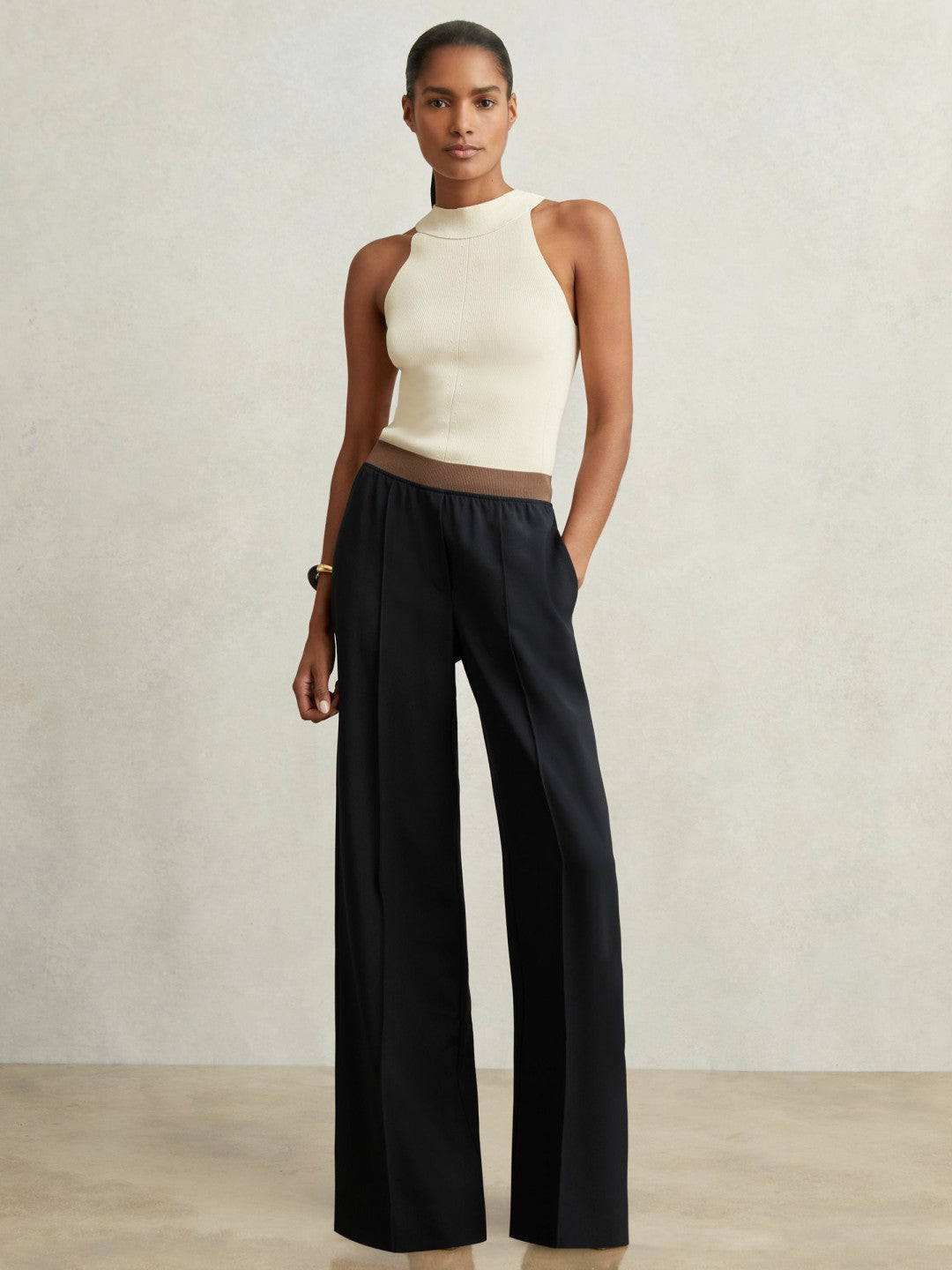 Reiss Elasticated-Waist Wide-Leg Twill Trousers in Navy