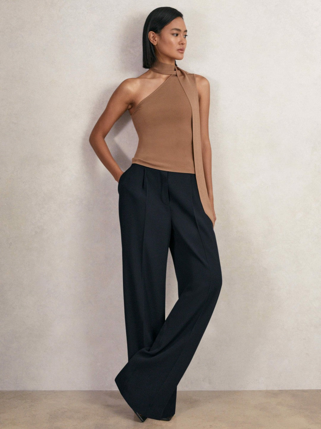 Reiss Elasticated-Waist Wide-Leg Twill Trousers in Navy