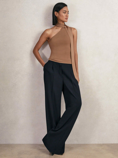 Reiss Elasticated-Waist Wide-Leg Twill Trousers in Navy