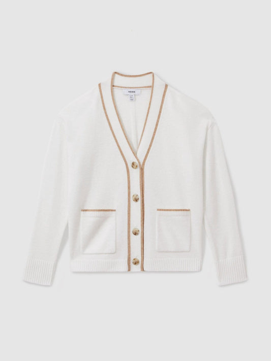 Reiss Deal - 13-14 yrs Wool-Blend Tipped Cardigan in Cream