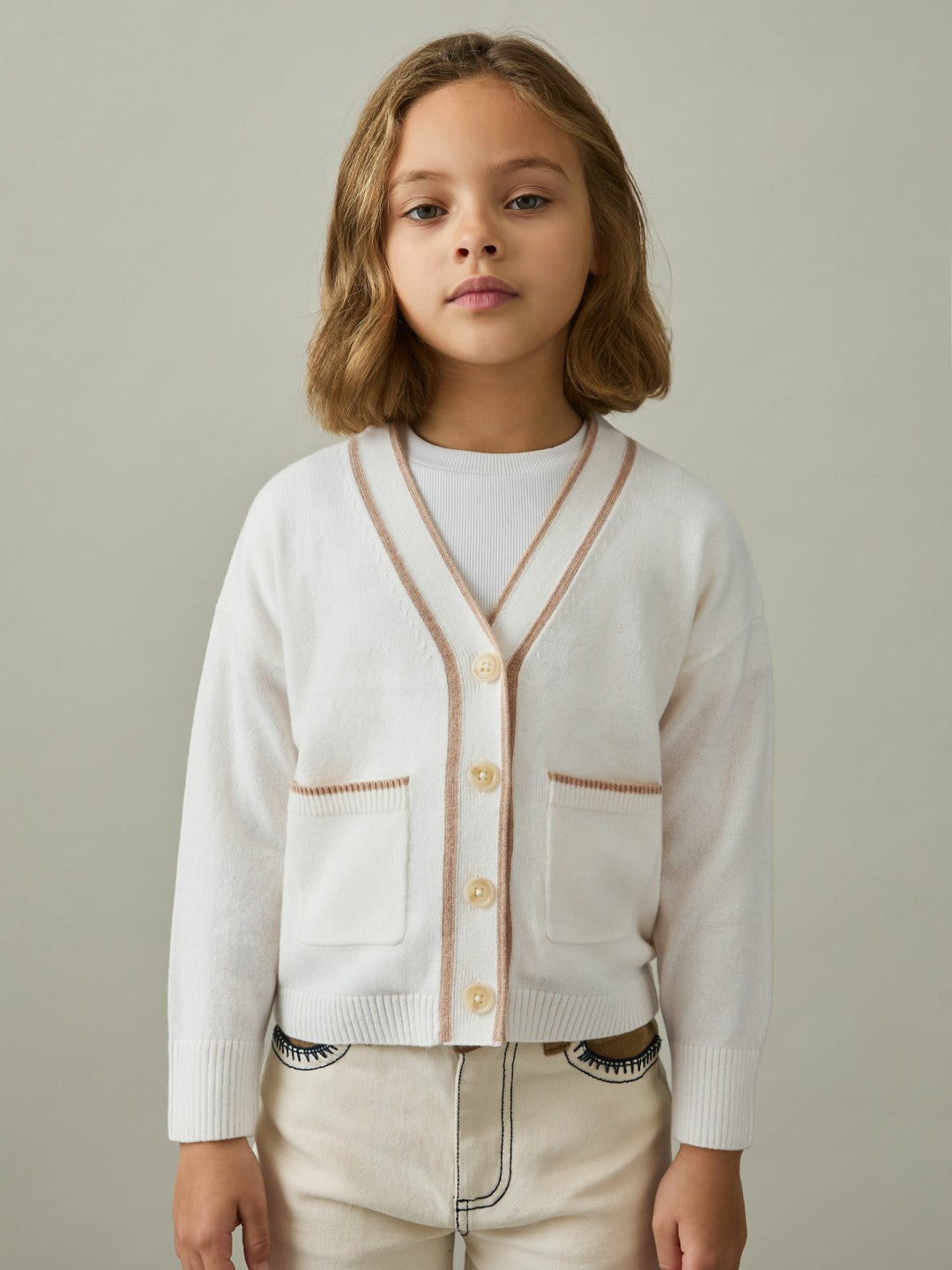 Reiss Sale - 4-9 yrs Wool-Blend Stripe-Detail Cardigan With Cashmere in Cream
