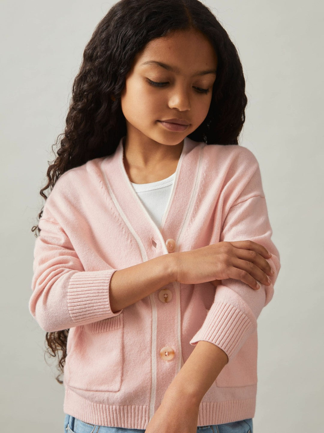 Reiss 9-13 yrs Wool-Blend Tipped Cardigan in Pink