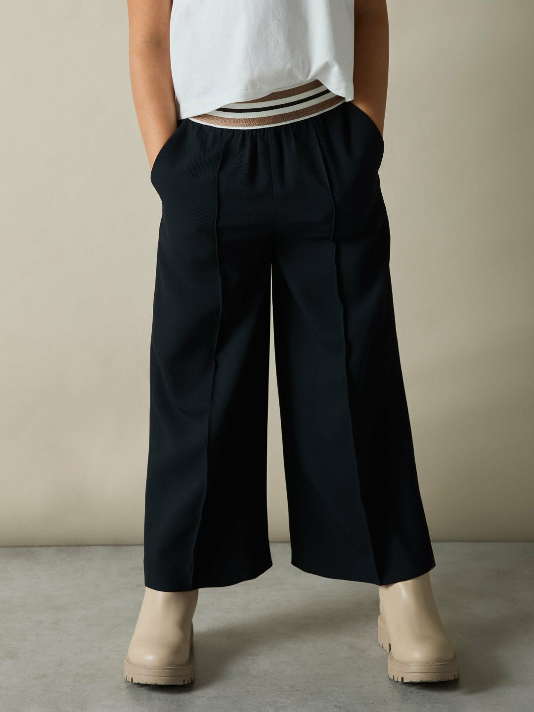 Reiss Offer - 4-9 yrs Stripe-Waistband Wide-Leg Trousers in Navy