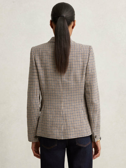 Reiss Offer - Cotton-Linen Double-Breasted Houndstooth-Check Blazer in Navy Neutral Check